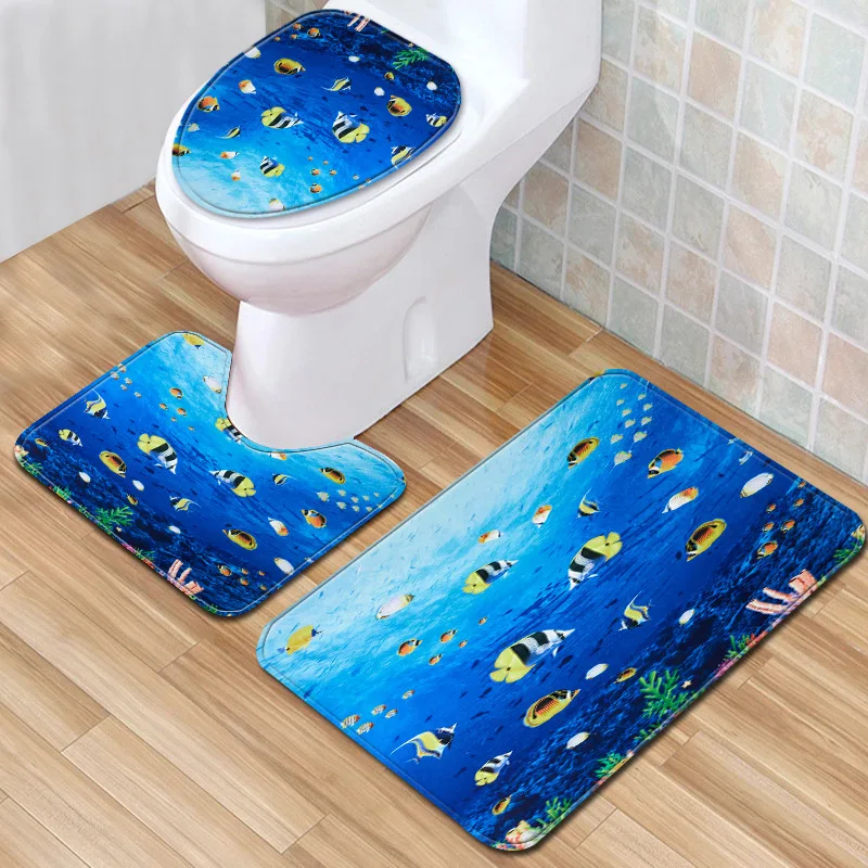 T New Starfish Shell 3 Piece Bathroom Set Rug Anti Slip Bath Rug Toilet Mats Carpet Set for Home Decor Printing Doormat