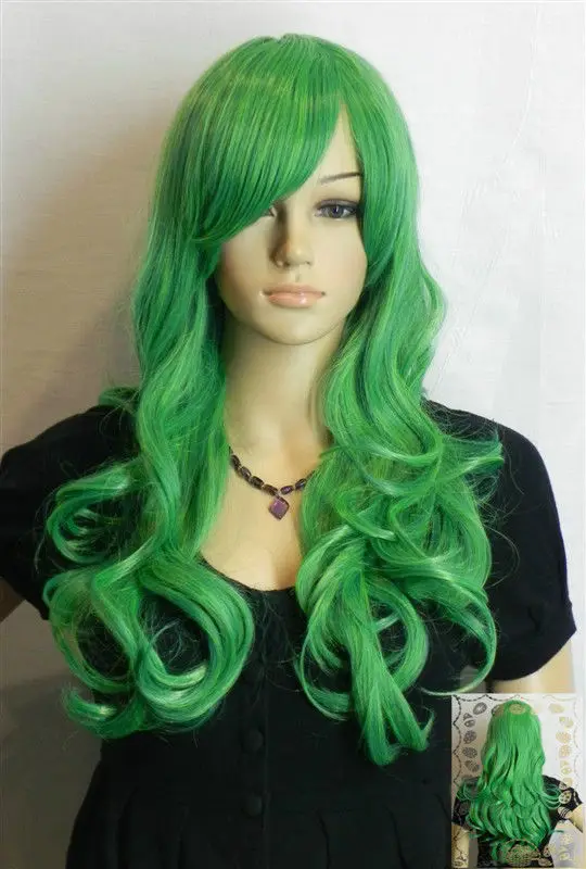 Beautiful healthy long green curly wig Party cosplays heat resistant ...