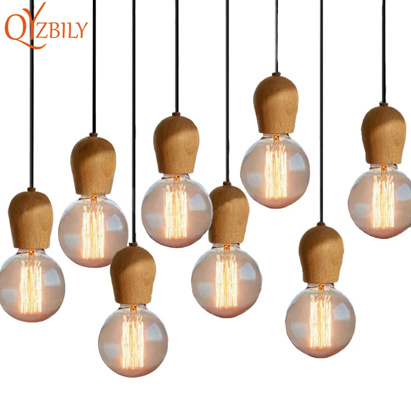 

Nordic Retro Pendant Lights Oak Wood E27 Black Wire Vintage Loft Pendant Lamp Home Lighting Living Room Luminaire Abajur Lustre
