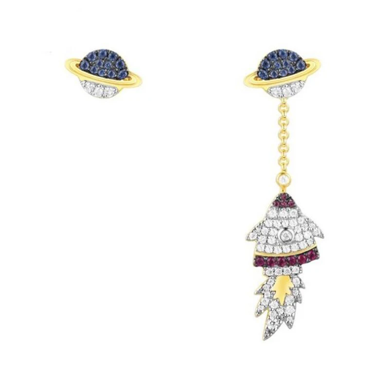 

[MeiBaPJ]Real 925 Sterling Silver Personality Rocket Asymmetric Earrings for Women with AAA High Quality Stone Fine Jewelry