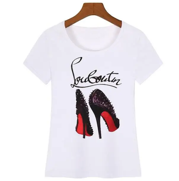 

White T Shirt Women Tops Fashion High Heel Shoes Letter Print Tshirt 2018 Women Shirts Summer Short Sleeve Tee Shirt Femme