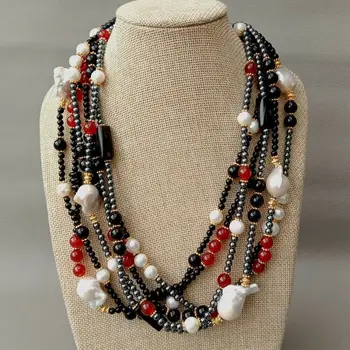 

21" 6Strands Red A1gate Hematite White Keshi Pearl Necklace