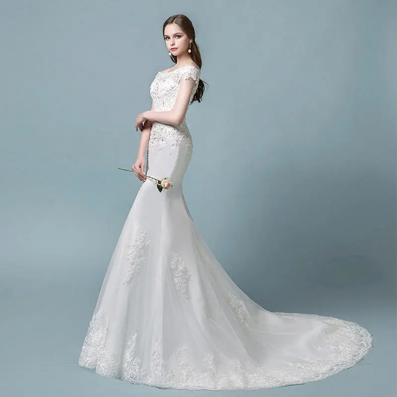 Robe de mariage, винтажное кружевное свадебное платье русалки,, короткий рукав, шнуровка, элегантные свадебные платья, платье невесты, Vestido de noiva