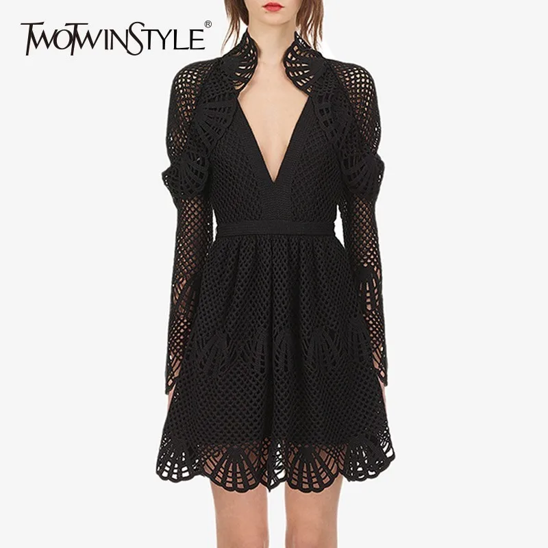 

TWOTWINSTYLE Hollow Out Dress Female Sexy V Neck Long Sleeve High Waist Black Slim Dresses Vestido Fashion Elegant Clothing Tide