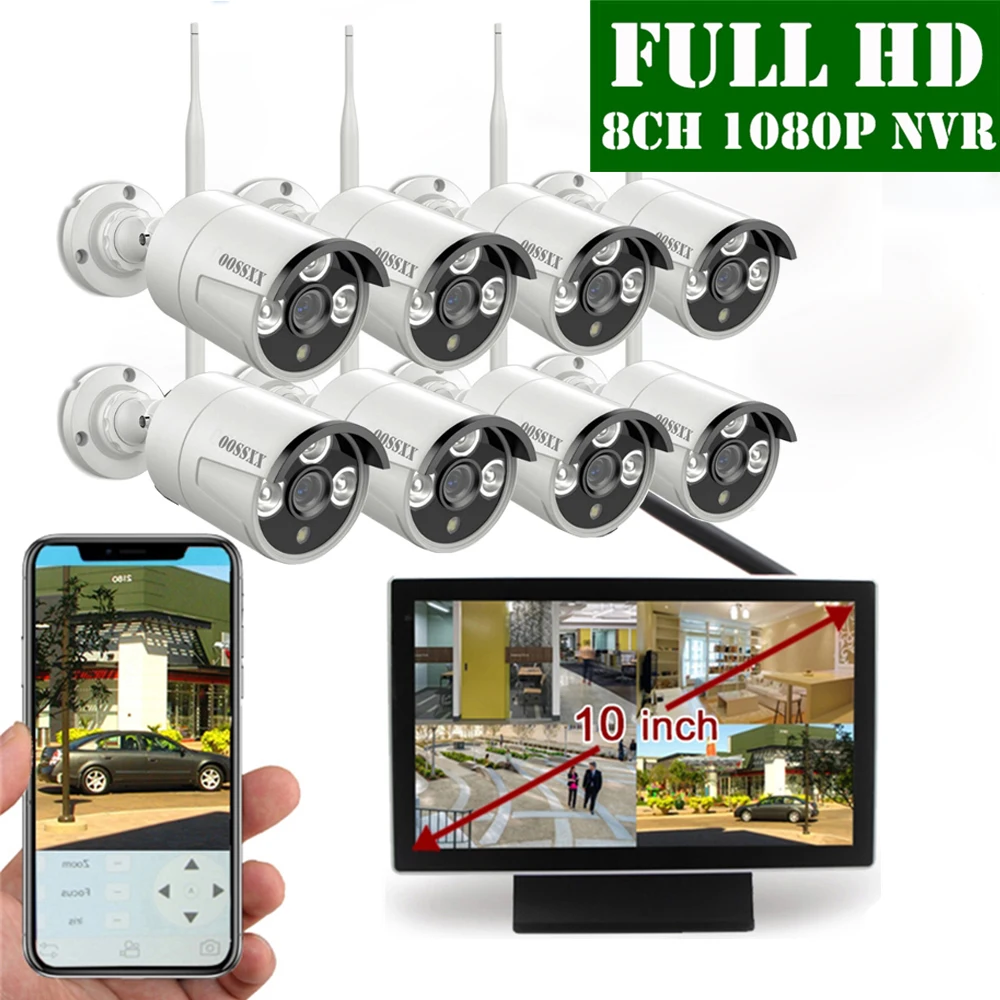 

OOSSXX 8CH 1080P Wireless NVR Kit 10' Monitor Wireless CCTV 1.3MP Indoor Outdoor IP Camera Video Surveillance System