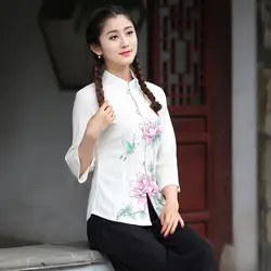Новое поступление летнее китайское Стиль воротник-стойка Для женщин Тан костюм блузка традиционные элегантный тонкий рубашка M, L, XL, XXL, XXXL T47
