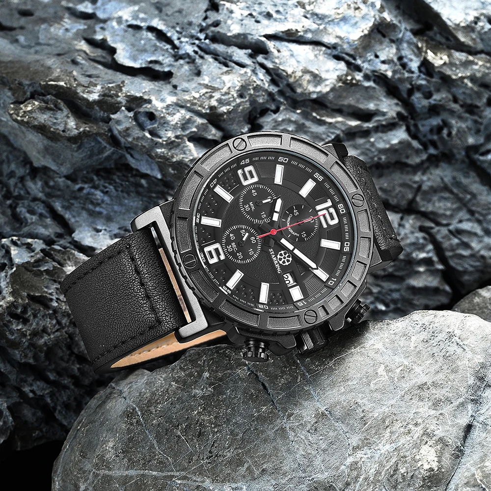 STARKING Men's Sport Wrist Watch Genuine Leather Watch Band Chronograph Russian Military Watches 30M Water Resistant Army Watch (7)