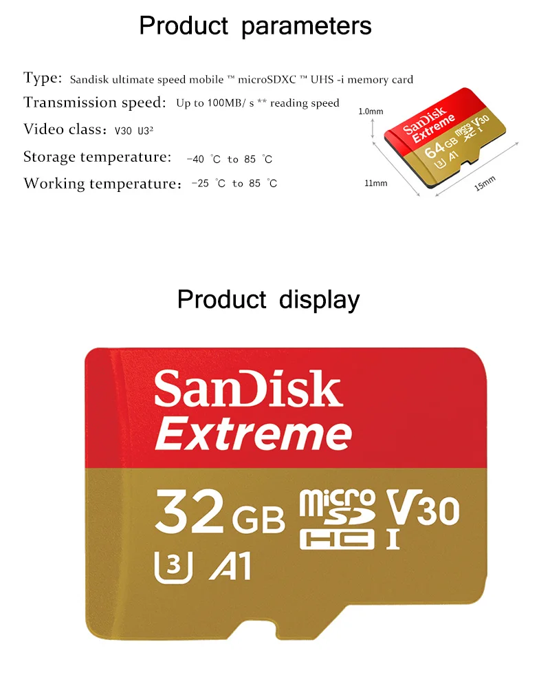 Оригинальный SanDisk Micro sd card 64 ГБ карты памяти Extreme Class10 U3 100 МБ/с. 32 ГБ 64 ГБ TF карты Поддержка 4 К UHD