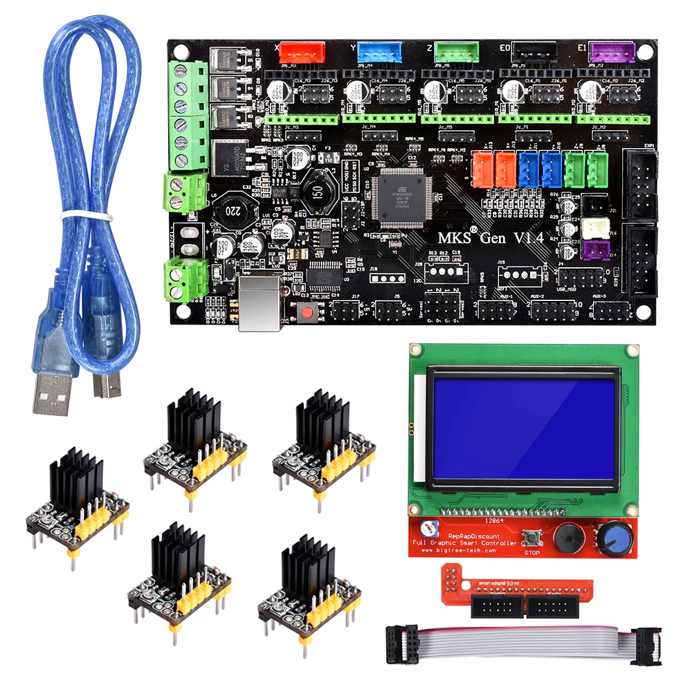 MKS Gen V1.4 плата управления Комплект RepRap mks gen l+ 5 шт. TMC2130/TMC2208/Drv8825/A4988 драйверы+ 12864LCD для 3d принтера запчасти