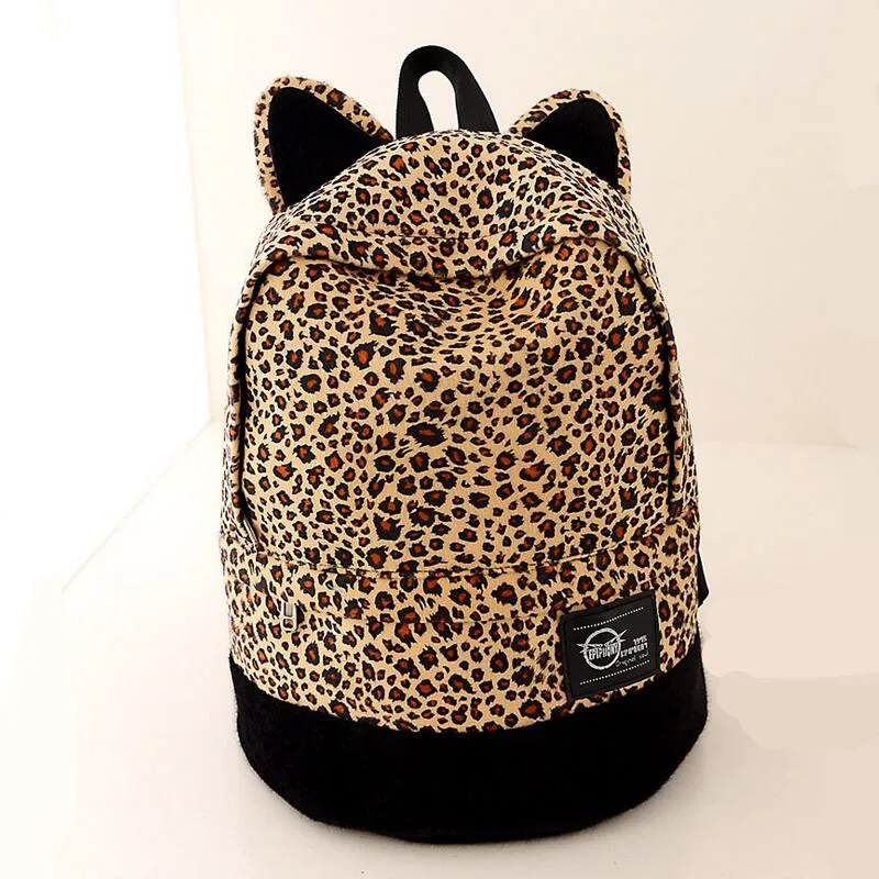 Canvas bag Printing Leopard Backpacks Lovers Vintage Cat Ear School Bags For Teenage Girls Femininas Rucksacks