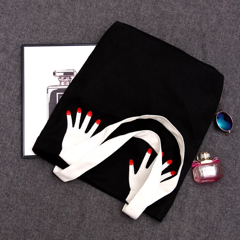 

Korean version double-sided embroidered fingers environmental-friendly bags canvas handheld single-shouldered women's bag