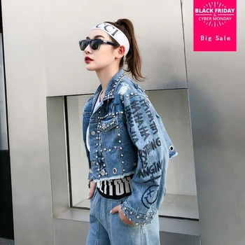 

Plus size 2018 spring new female fashion brand rivet denim jacket Graffiti alphabet pattern cowboy jacket wj1906 drop shipping