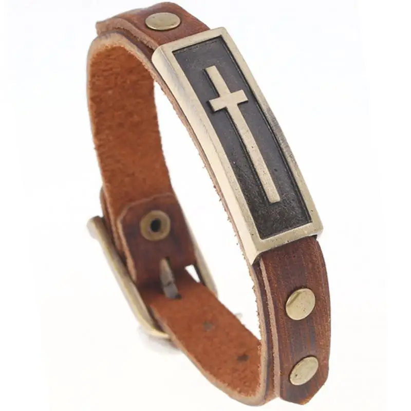 

Men Retro Punk Cross Handmade Faux Cowhide Bracelet Fashionable Simple Adjustable Bracelet