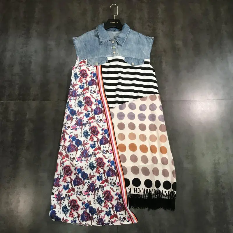 

2019 summer new flower dot striped pattern color matching denim double pocket sleeveless dress female