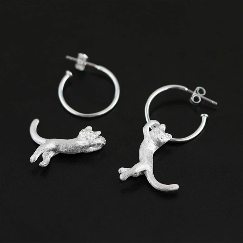Lotus Fun Real 925 Sterling Silver Natural Original Handmade Fine Jewelry Cute Kung Fu Cat Drop Earrings for Women Brincos
