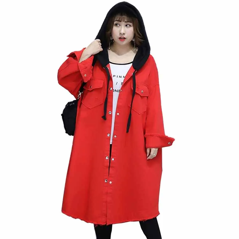

Fashion Large size Denim Trench Coat Women 2019 Spring Autumn Hooded Jeans Outerwear Casual Tops Female Loose Long Coats G321