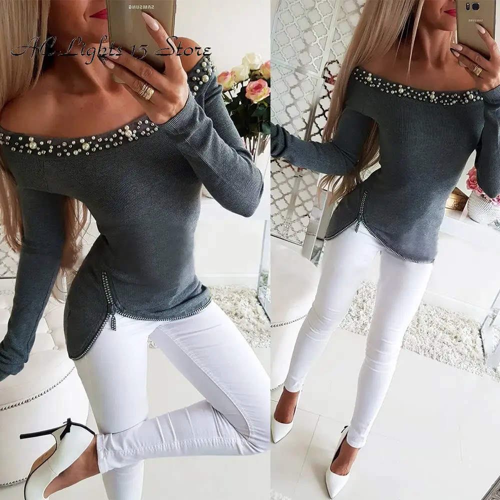 

Sexy Off The Shoulder Top Long Sleeve Black Blouse Women Spring Slim Fit Peal Slash Neck Zip Blouse Blusas Mujer De Moda 2019