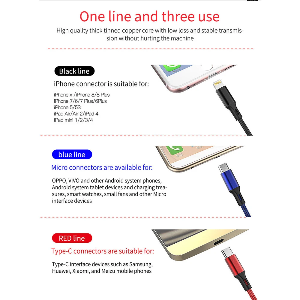 Высокое качество 3 в 1 Micro USB/type C/IOS Быстрая зарядка зарядное устройство кабель синхронизации данных Шнур для Iphone/HUAWEI/Xiaomi/samsung