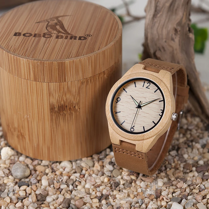 BOBO BIRD Men Watch Bamboo Wooden Quartz Wristwatches Male with Luminous Hands with Leather Band in Gift Box relojes hombre