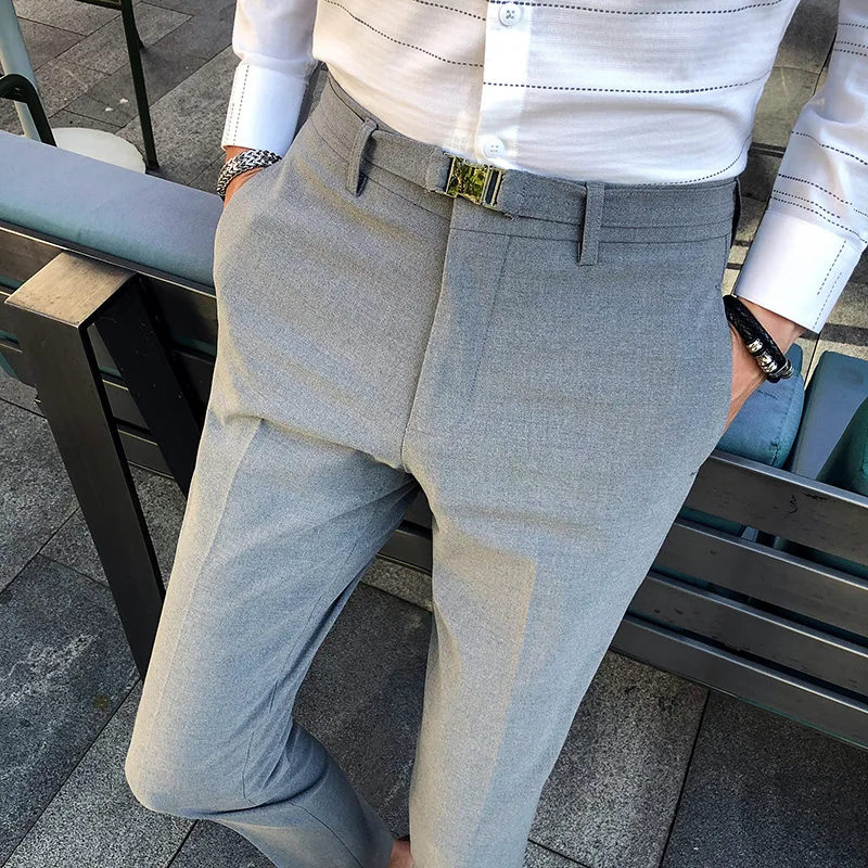 Autumn new metal belt men's business casual trousers solid color wild ...