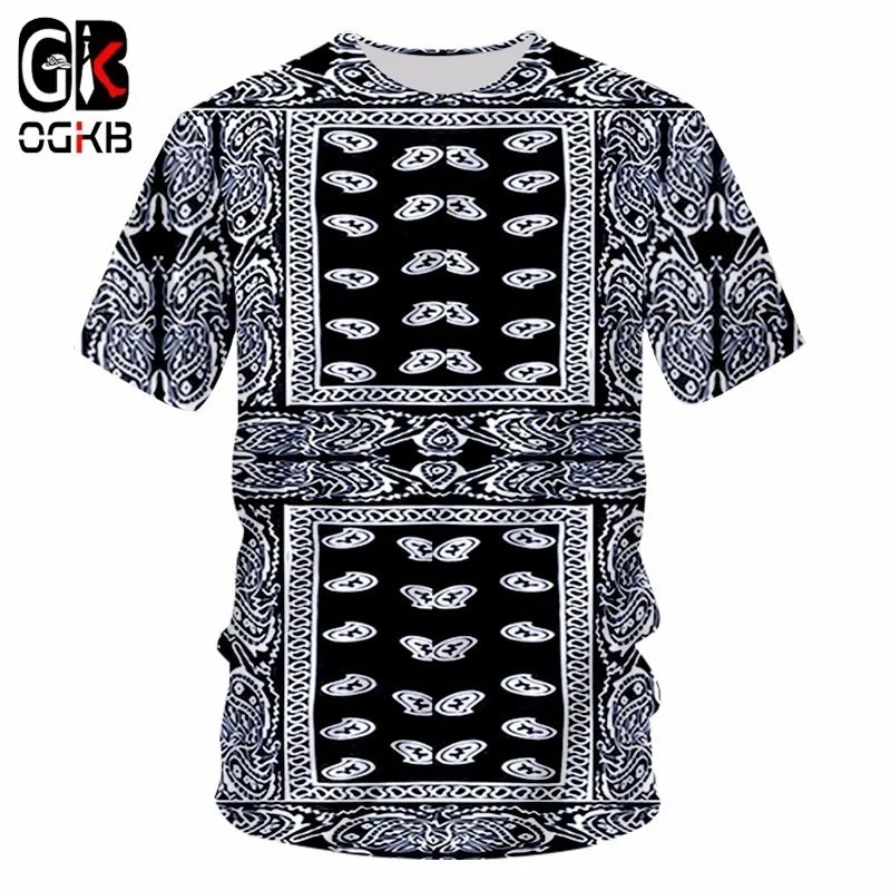 

OGKB Summer Tops Men's Funny Print Black Bandana 3d T-shirt Paisley Tshirt Cashew Flowers T Shirts Man Hiphop O Neck Tee Shirts