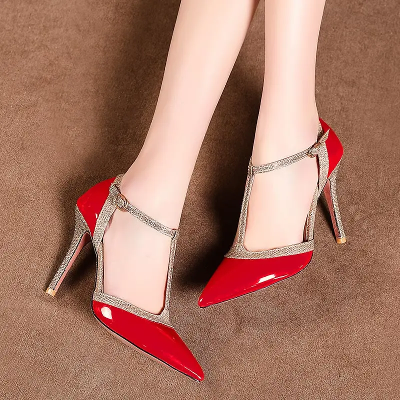 SGESVIER/Женская обувь Туфли-лодочки на тонком высоком каблуке красные туфли телесного цвета пикантные Свадебные модельные туфли с острым носком и Т-образным ремешком размеры 31-47; OX187