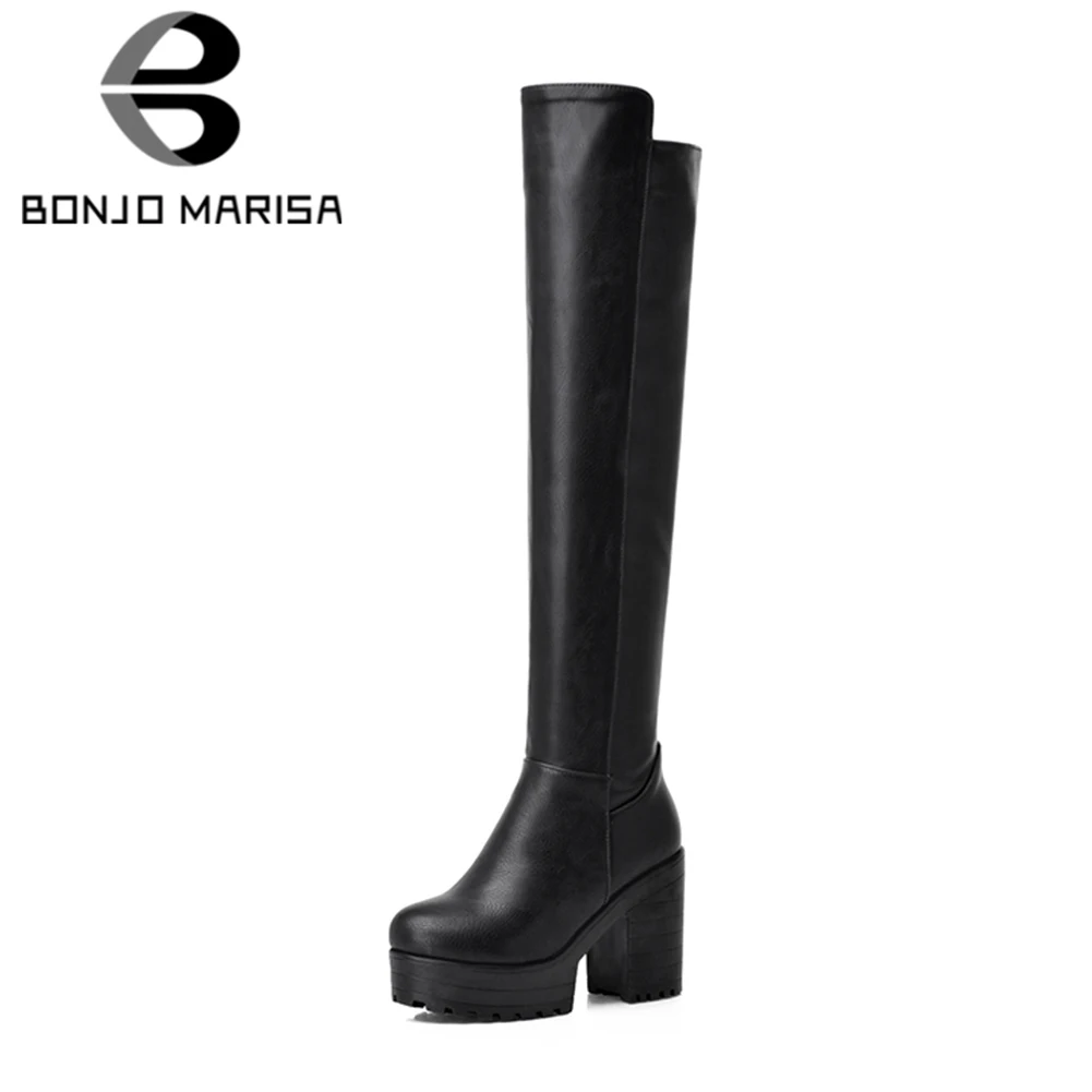 

BONJOMARISA 2019 Winter Large Size 34-43 Cool Knight Boots Female Platform Knee High Boots Women High Chunky Heels Shoes Woman