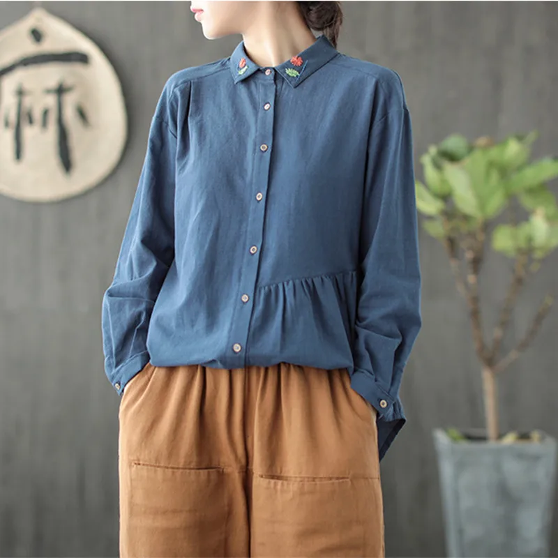 En Ligne Johnature Nouveau 2018 Solide Couleur Broderie Turn down Col Lâche Occasionnel Blouses Irrégulière Automne Femmes Coton Chemises de Lin