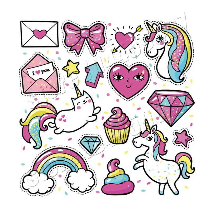 

Stickers For Girl Unicorn Heart Diamond Design Washable Parches DIY Clothes Decoration Heat Transfer Patches