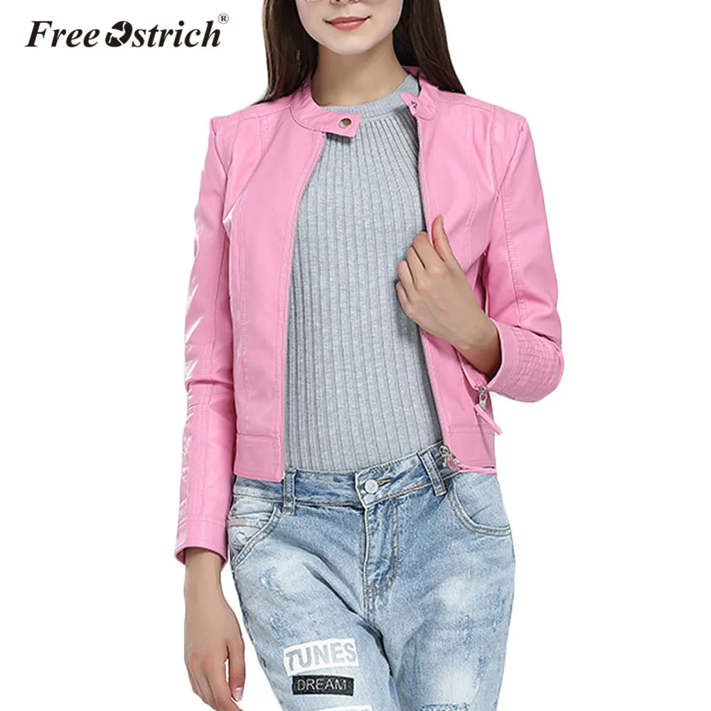 

Free Ostrich Leather Jacket Women Clothing Zipper Pockets 2019 Slim Solid Bomber Winter Stand Coat Chaqueta Mujer Outerwear O26