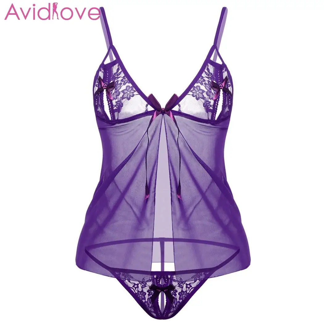 Avidlove женское сексуальное белье Babydoll летнее кружевное Открытое Спереди большого размера Горячее Эротическое Нижнее белье Ночное цветочное Сексуальное белье - Цвет: Purple