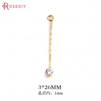 

(34484)6PCS 3*26MM 24K Gold Color Brass and Zircon Round Zircon Tassel Charms High Quality Diy Jewelry Findings Accessories