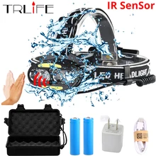 ИК-датчик светодиодный налобный фонарь 4* T6 светодиодный налобный фонарь+ 2* COB+ 2* красный светодиодный USB Перезаряжаемый Головной фонарь с 2*18650 батареей