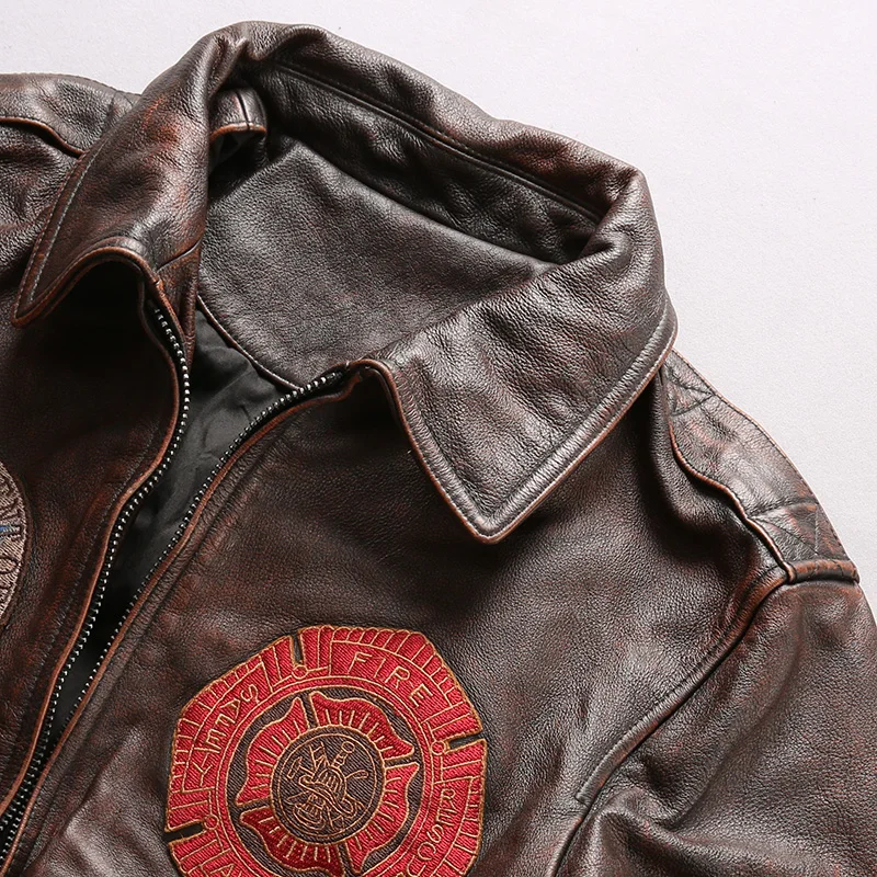 Black Friday Read Description! Asian size men's cow leather jacket mens genuine cowhide leather vintage embroidery jacket A9807