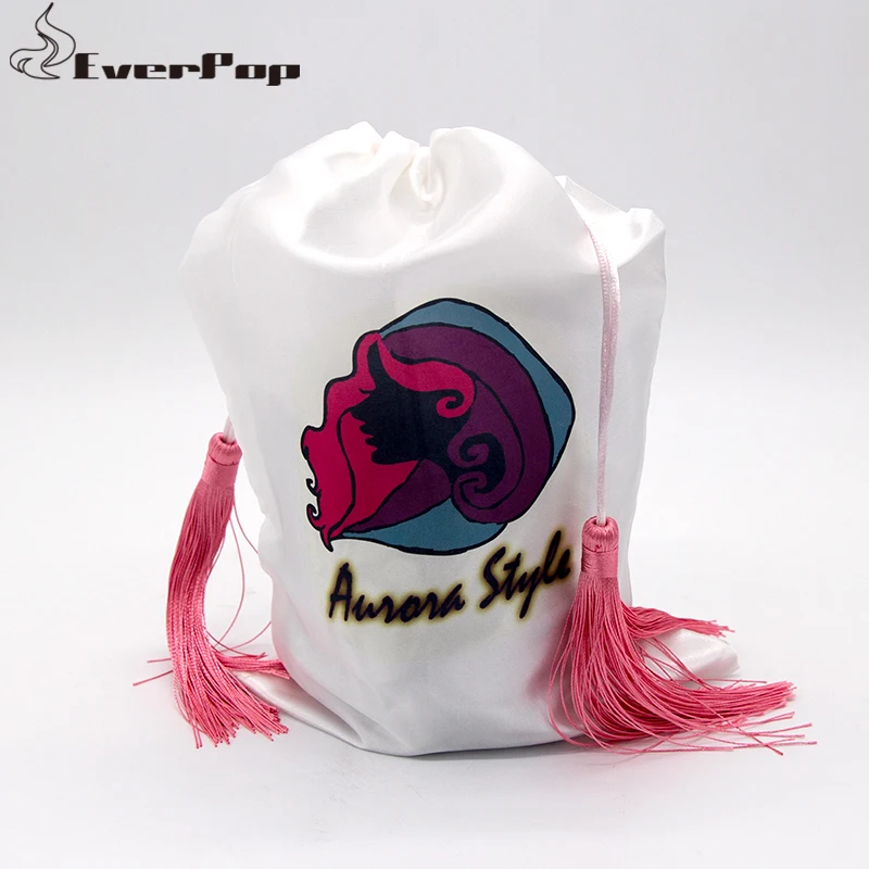 

Virgin Hair Extensions Bundles White Packing Hair Satin Bags Custom Logo Size 18x30cm with Pink Tassel