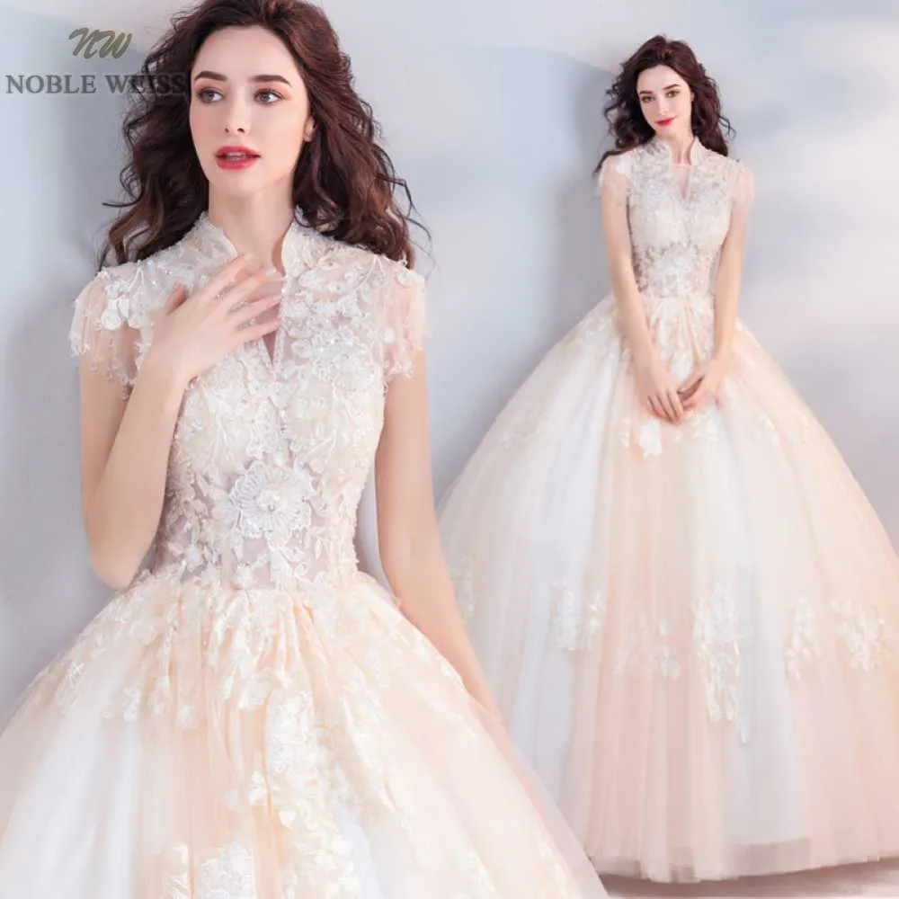 

NOBLE WEISS Ball Gown Wedding Dresses with Beaded Sequins Cap Sleeves Bride Gowns Tulle Plus Size Sexy Lace Bridal Dress