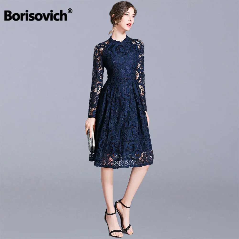 Borisovich женское повседневное кружевное платье бренд осеннее модное до колена ТРАПЕЦИЕВИДНОЕ роскошное женское элегантное вечернее платье N1372