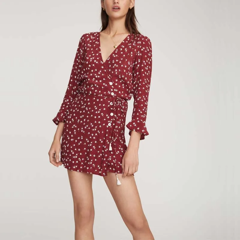 

Summer Women's Dress Casual Flower Printed Flare Sleeve Dress