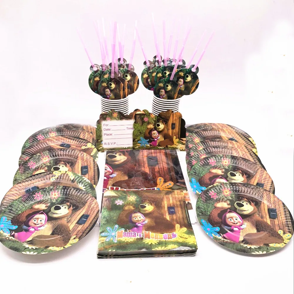 Kopen 91 stks partij Nieuwe Verjaardag Decoratie masha en beer Thema Wegwerp stro Papier Cups + Platen Kids Jongens Meisjes Event Party levert