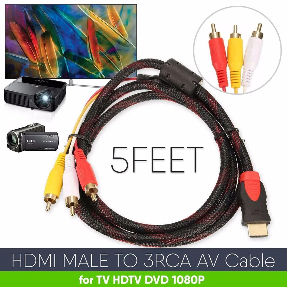SOONHUA HDMI Мужской до 3 RCA Видео Аудио AV кабель 1,5 м красный черный оплетка чистая аудио кабель-адаптер для ТВ DVD телеприставка PS3 ноутбук