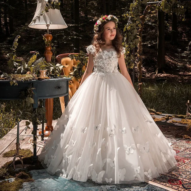 Белое Бальное Платье, 3D Цветочный аппликатор, платья для девочек на свадьбу, кружевное платье для первого причастия, размер От 2 до 16 лет