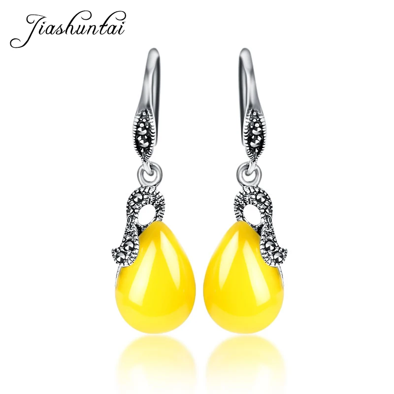 JIASHUNTAI Retro 100% 925 Sterling Silver Drop Earrings For Women Natural Precious Stones Vintage Thai Silver Earring Jewelry