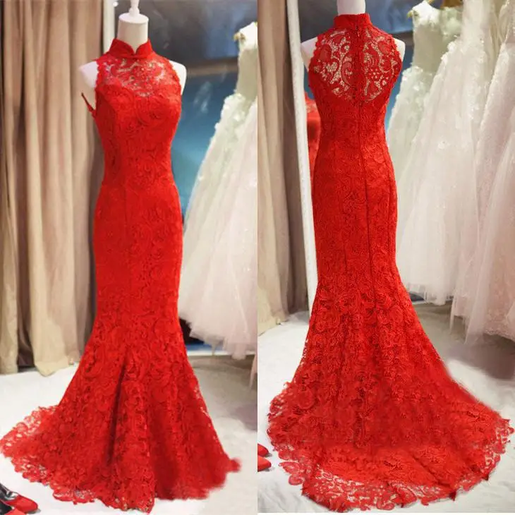 

Real Photo 2020 High Neck Sleeveless Red Lace Evening Dresses Ladies Party Gown Custom Made Size 2 4 6 8 10 12 14 16 18+ E114