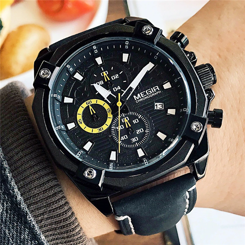 

MEGIR Original Band Men Casual Waterproof Watch Military Chronograph Sport Multifunctions New Style Leather Strap Elegant Clock