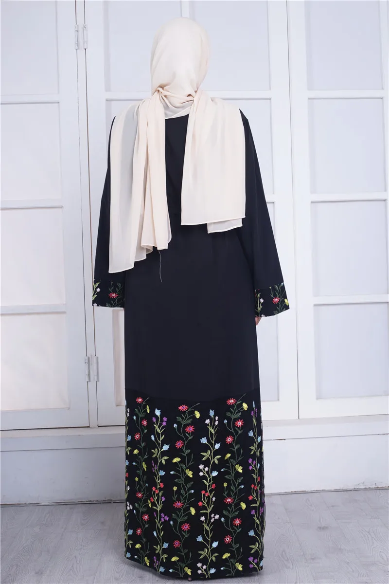 Черная Абая для женщин Исламская одежда хиджаб цветы Вышивка мусульманское Макси платье Бангладеш Кафтан Дубай, Турция длинное платье
