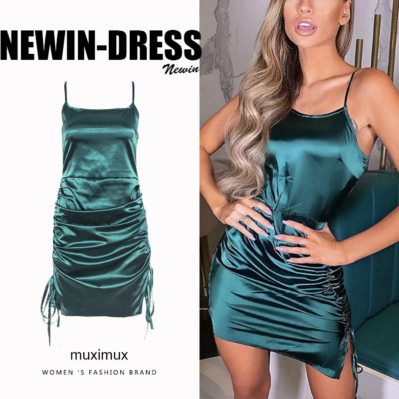 

2019 Summer Women Dresses Spring Solid Sexy Bodycon Spaghetti Strap Mini Short Silk Party Club Dress Women Female