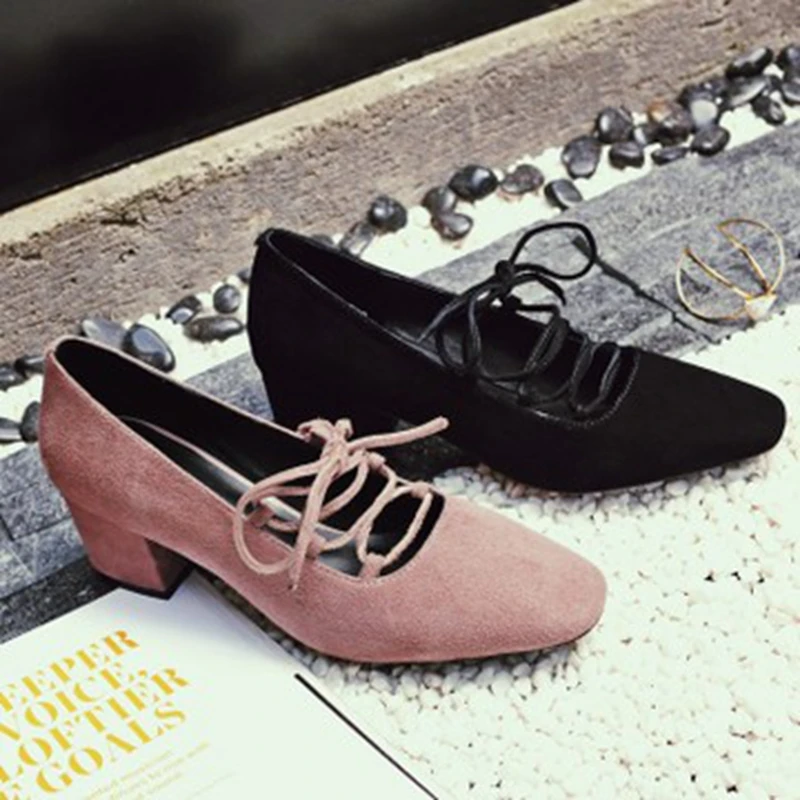 En Printemps Nouveau Femmes rose Profonde Chaussures Bouche Avec Carrée 2019 Simples Mouton Épais Noir Haut Cuir Peu Strap Croix Tête Talon da5PURUqW