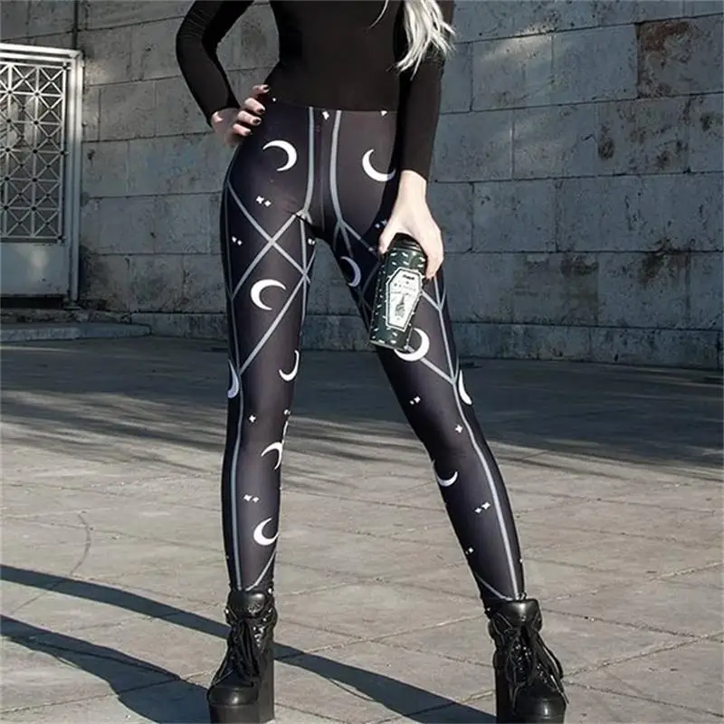 

Gothic Black Pencil Pants High Waist Skinny Moon Print Women Long Trousers Goth Punk Fashion Female Symmetry Leggings Sexy Pants