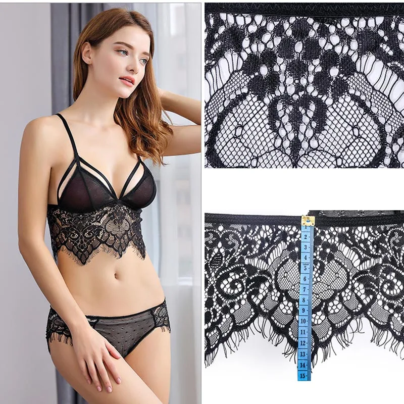Women Lace Sexy Bra Set Fashion French Cup Underwire Back Closure Underwear Bras Sheery Ultra-thin Strap Bralette (4)