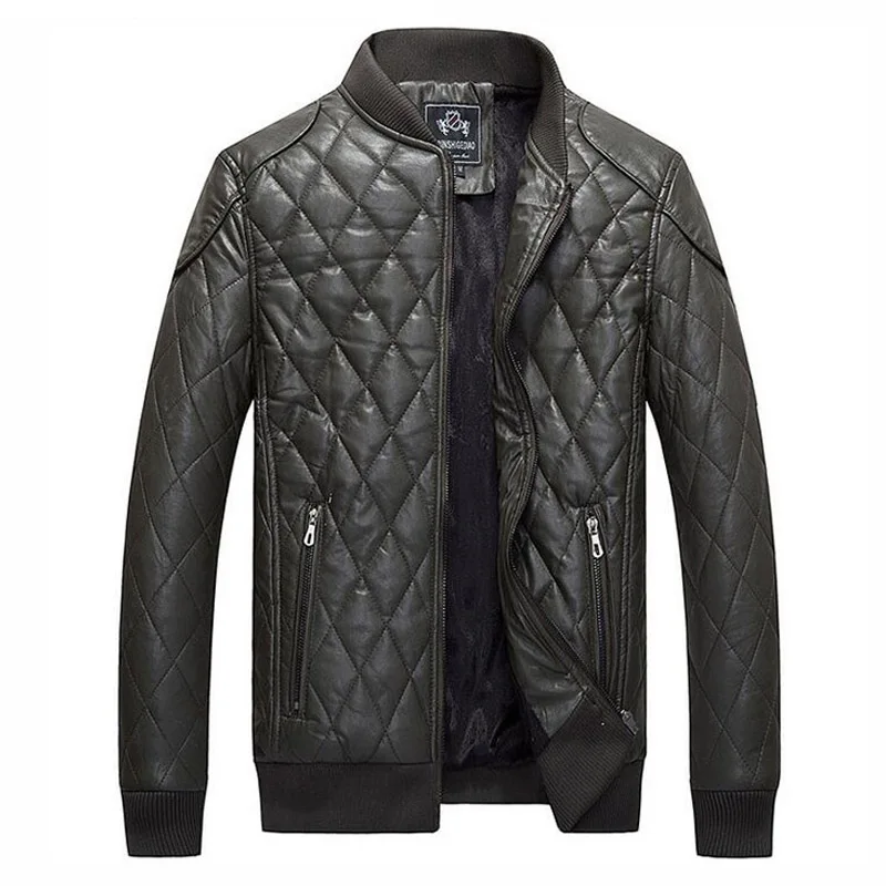 

2018 New Fashion PU Leather Jacket Men Black Army Green Solid Mens Trend Rhombus Plaid Slim Fit Motorcycle Jacket And Coat XXXXL